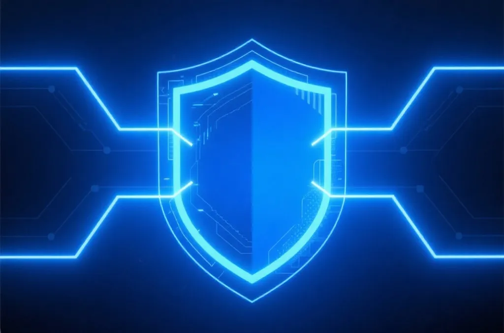 A glowing digital shield with glowing light beams on a dark blue background, symbolizing advanced cybersecurity and data protection technology